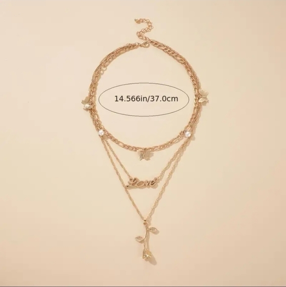 NWT Gold Plated Butterfly Rose Flower English Letter Multi-layer Necklace - Picture 5 of 7